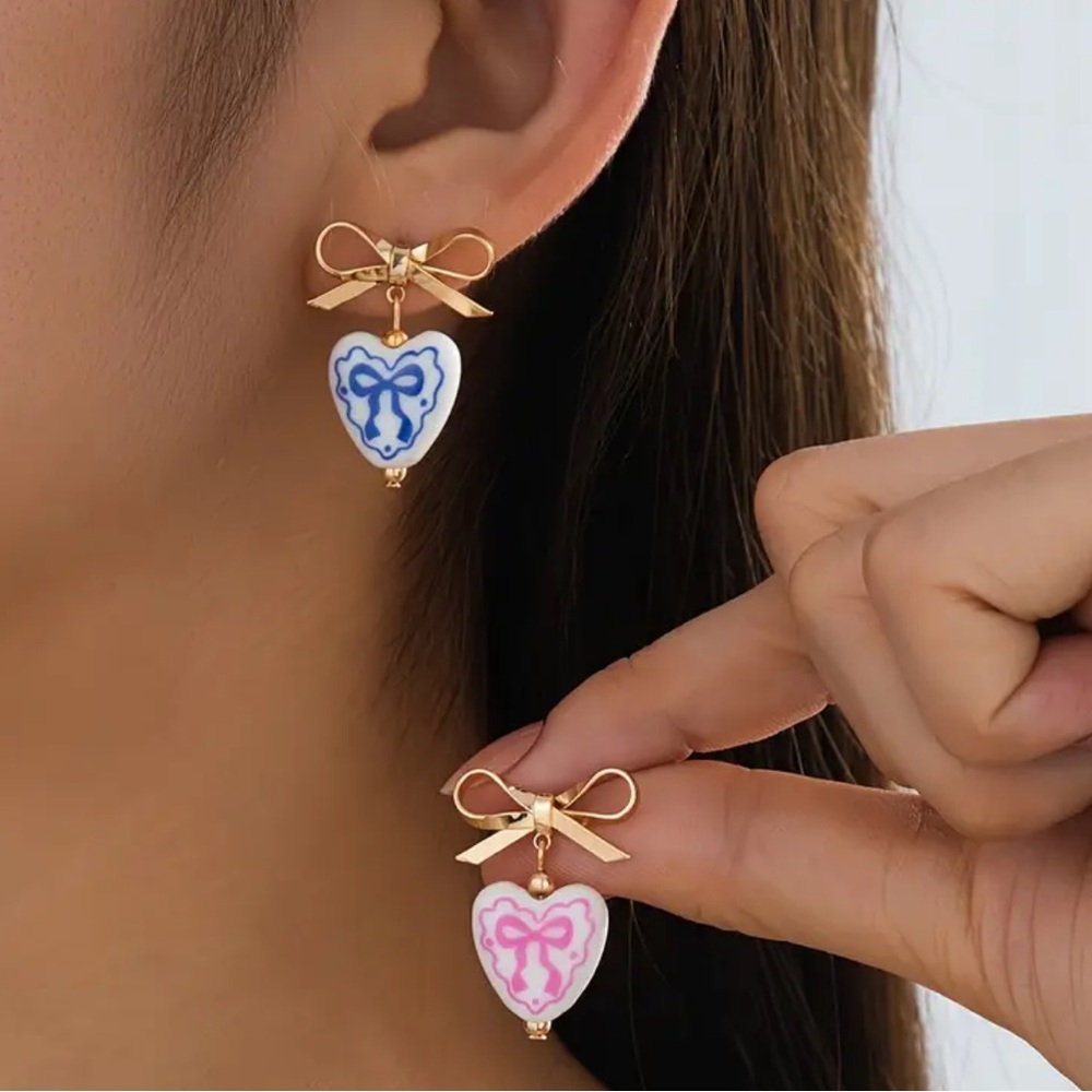 NEW Blue Toile Gold Porcelain Earrings